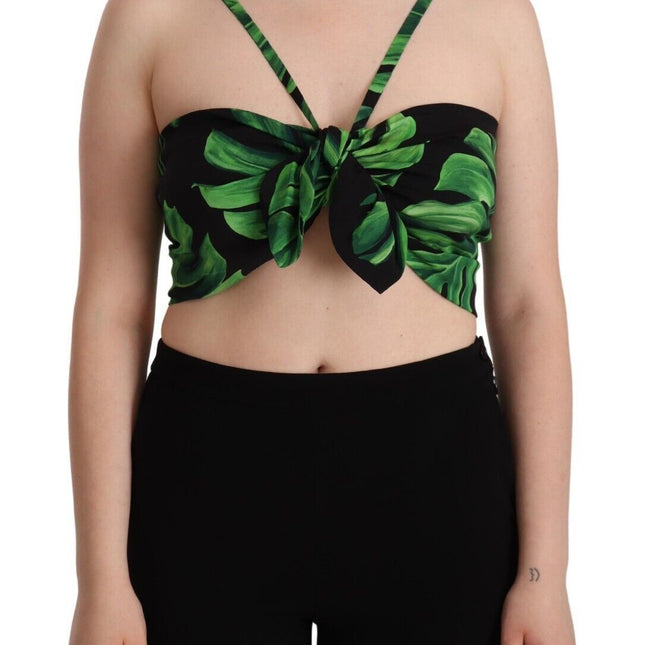 Dolce & Gabbana Black Green Leaf Silk Halter Cropped Top