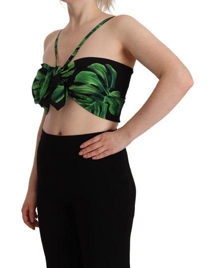 Dolce & Gabbana Black Green Leaf Silk Halter Cropped Top
