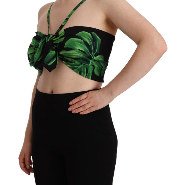 Dolce & Gabbana Black Green Leaf Silk Halter Cropped Top
