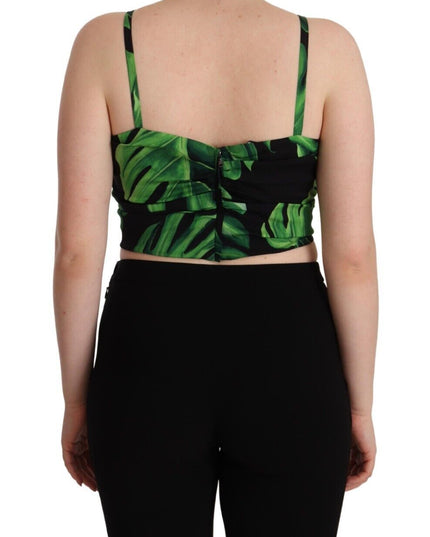 Dolce & Gabbana Black Green Leaf Silk Halter Cropped Top