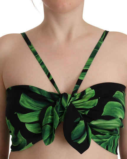 Dolce & Gabbana Black Green Leaf Silk Halter Cropped Top