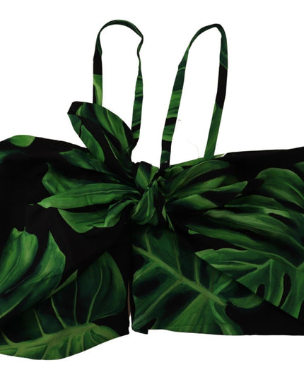 Dolce & Gabbana Black Green Leaf Silk Halter Cropped Top