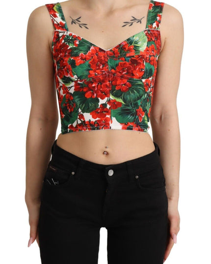 Dolce & Gabbana Red Geranium Print Viscose Sweetheart Cropped Top