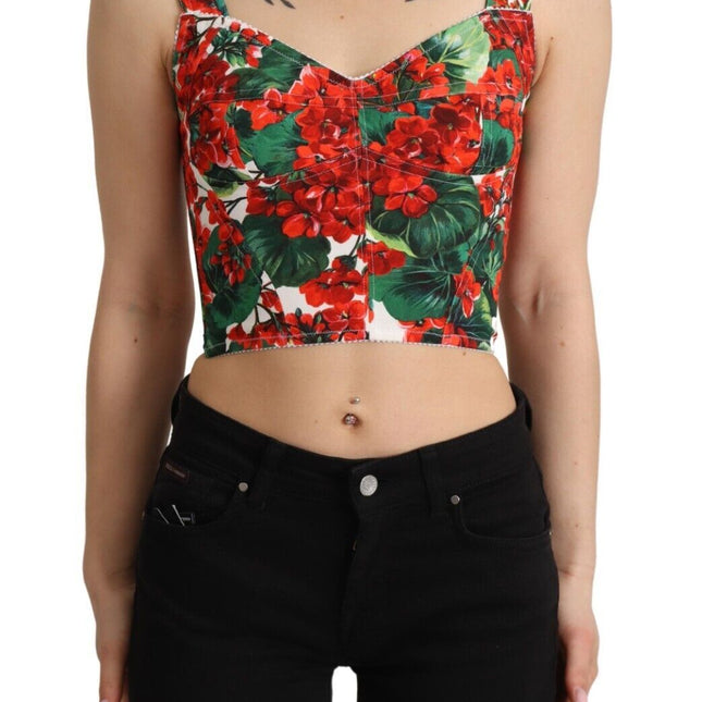 Dolce & Gabbana Red Geranium Print Viscose Sweetheart Cropped Top