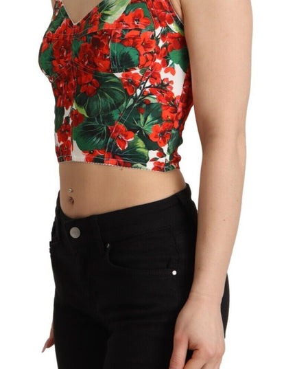 Dolce & Gabbana Red Geranium Print Viscose Sweetheart Cropped Top