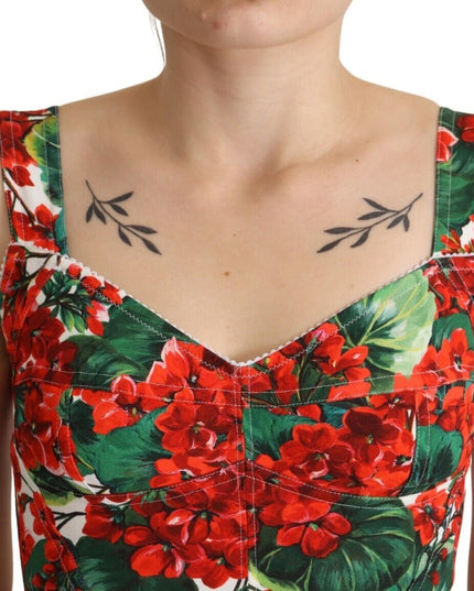 Dolce & Gabbana Red Geranium Print Viscose Sweetheart Cropped Top
