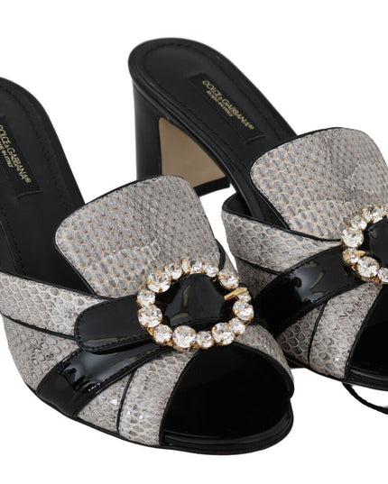 Dolce & Gabbana Black Gray Exotic Leather Crystals Sandals Shoes