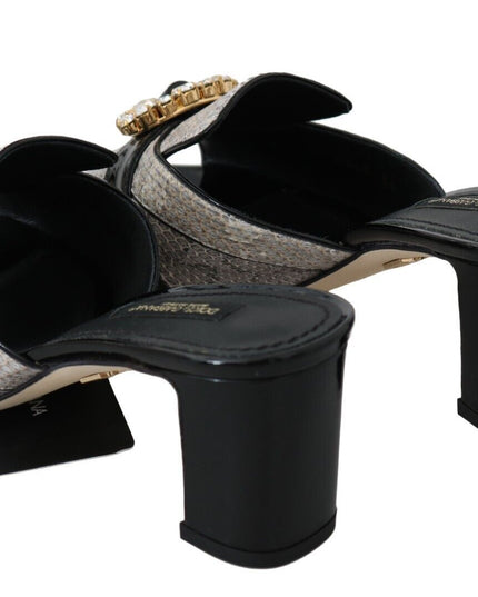 Dolce & Gabbana Black Gray Exotic Leather Crystals Sandals Shoes