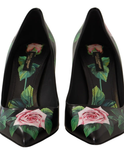 Dolce & Gabbana Black Leather Roses High Heels Pumps Shoes