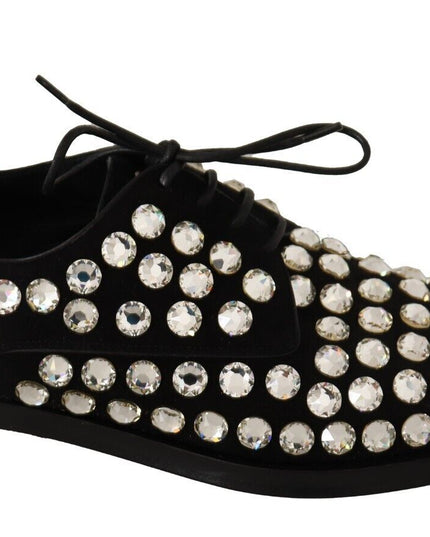 Dolce & Gabbana Black Leather Crystals Lace Up Formal Shoes