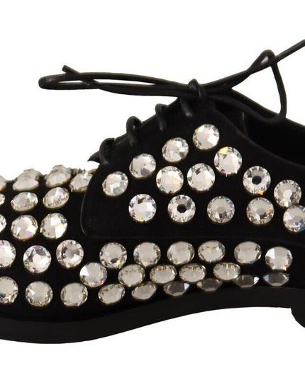 Dolce & Gabbana Black Leather Crystals Lace Up Formal Shoes