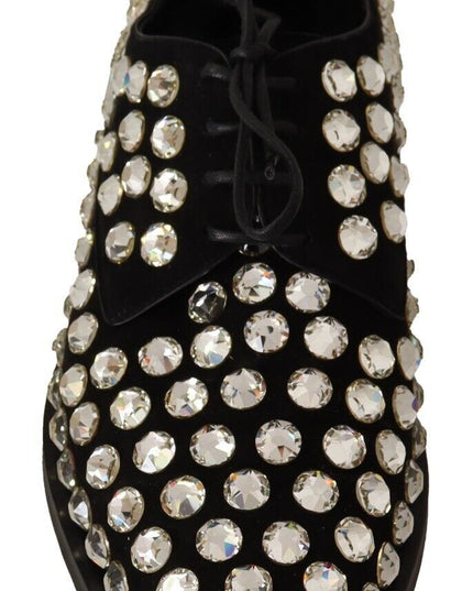 Dolce & Gabbana Black Leather Crystals Lace Up Formal Shoes