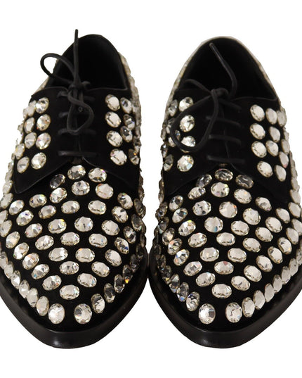 Dolce & Gabbana Black Leather Crystals Lace Up Formal Shoes