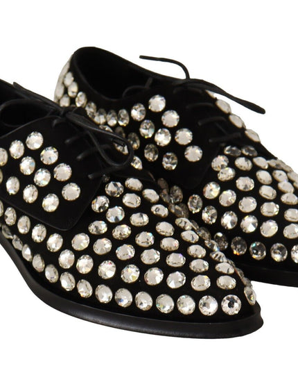 Dolce & Gabbana Black Leather Crystals Lace Up Formal Shoes