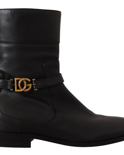 Dolce & Gabbana Black Leather Flats Logo Short Boots Shoes