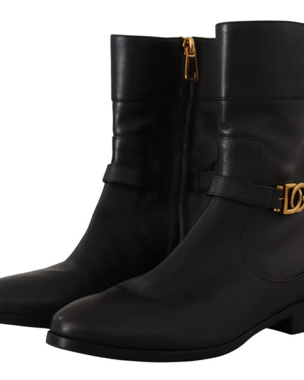 Dolce & Gabbana Black Leather Flats Logo Short Boots Shoes