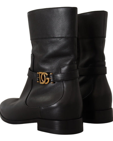 Dolce & Gabbana Black Leather Flats Logo Short Boots Shoes