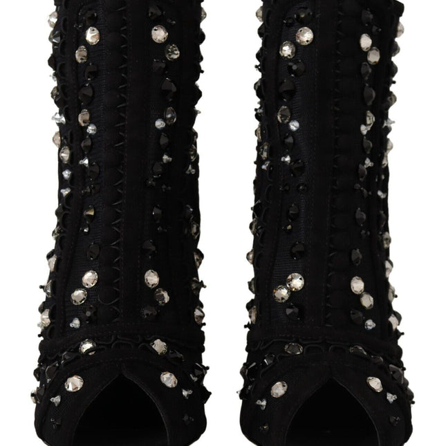 Dolce & Gabbana Black Crystals Heels Zipper Short Boots Shoes