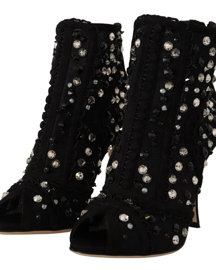 Dolce & Gabbana Black Crystals Heels Zipper Short Boots Shoes