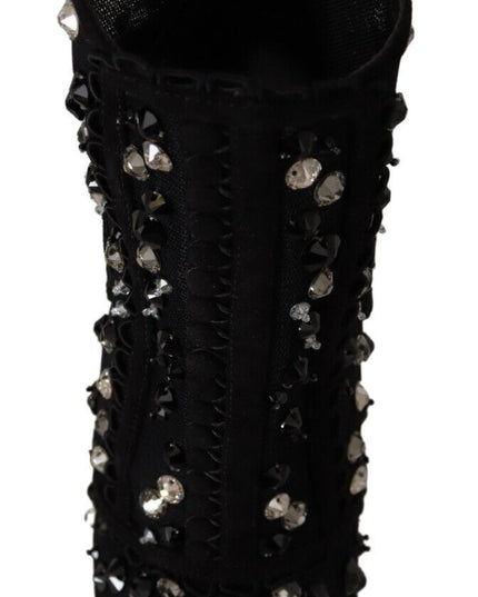 Dolce & Gabbana Black Crystals Heels Zipper Short Boots Shoes