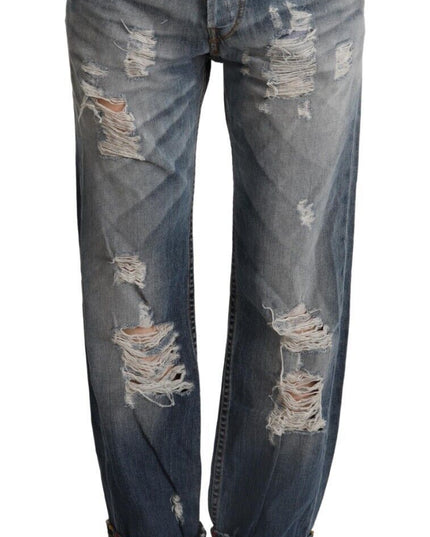 Acht Blue Tattered Mid Waist Straight Denim Cotton Jeans