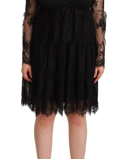 Aniye By Black Floral Lace Cotton Long Sleeves V-neck Shift Dress