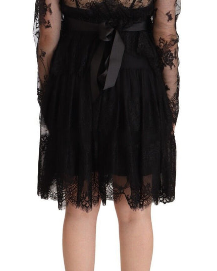 Aniye By Black Floral Lace Cotton Long Sleeves V-neck Shift Dress