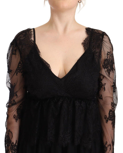 Aniye By Black Floral Lace Cotton Long Sleeves V-neck Shift Dress