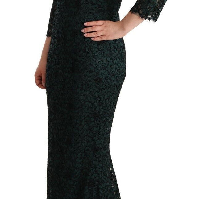 Dolce & Gabbana Green Floral Lace Maxi Floor Length Dress