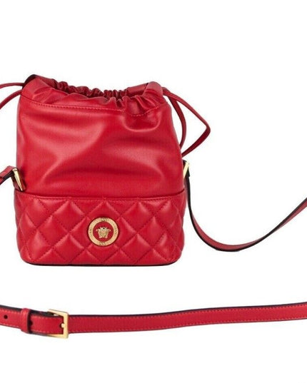 Versace Red Quilted Leather Drawstring Shoulder Bag Bucket Crossbody Handbag