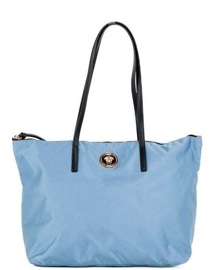 Versace Portuna Medusa Medium Cornflower Blue Nylon Leather Tote Bag Purse