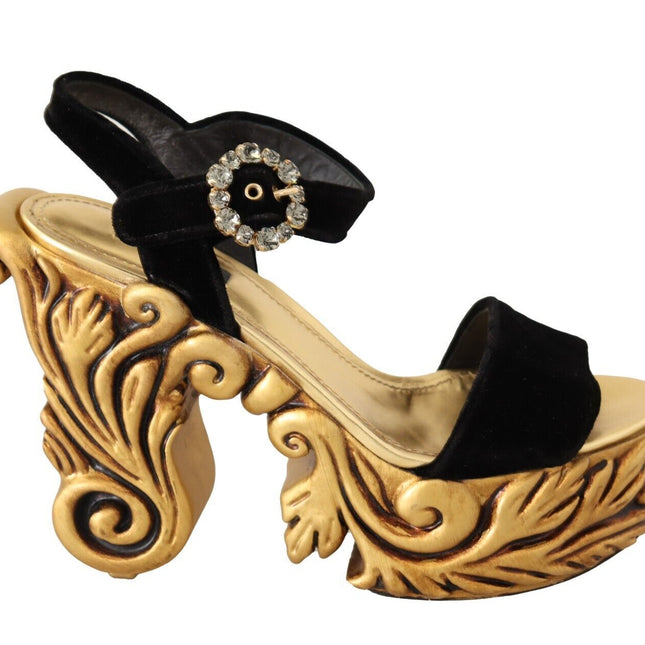 Dolce & Gabbana Black Gold Baroque Velvet Heels Crystal Shoes