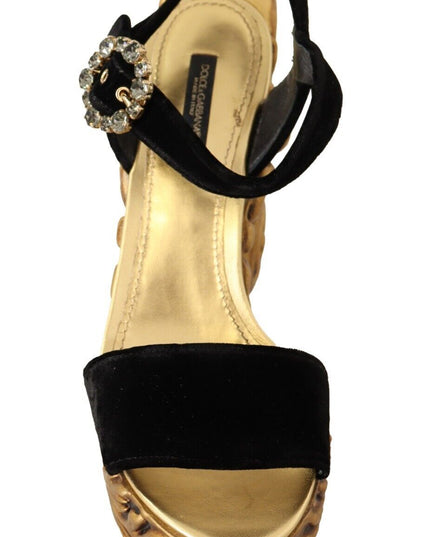 Dolce & Gabbana Black Gold Baroque Velvet Heels Crystal Shoes