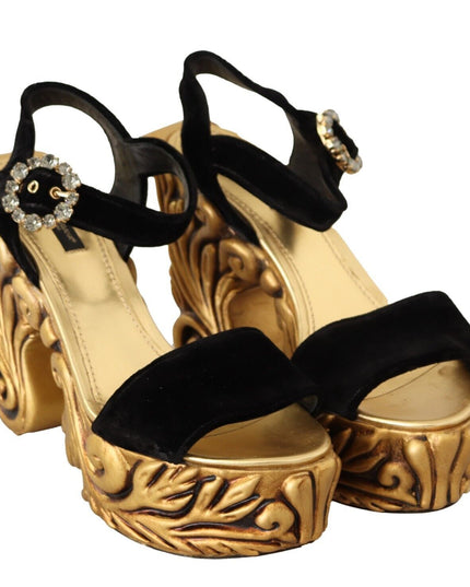 Dolce & Gabbana Black Gold Baroque Velvet Heels Crystal Shoes