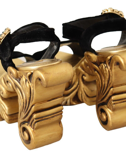 Dolce & Gabbana Black Gold Baroque Velvet Heels Crystal Shoes