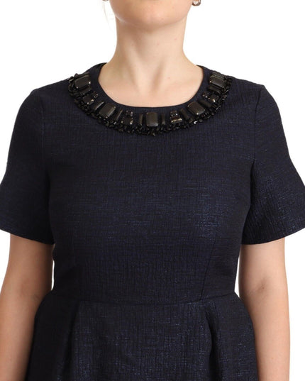 L'Autre Chose Black Embellished Short Sleeves Mini A-line Dress