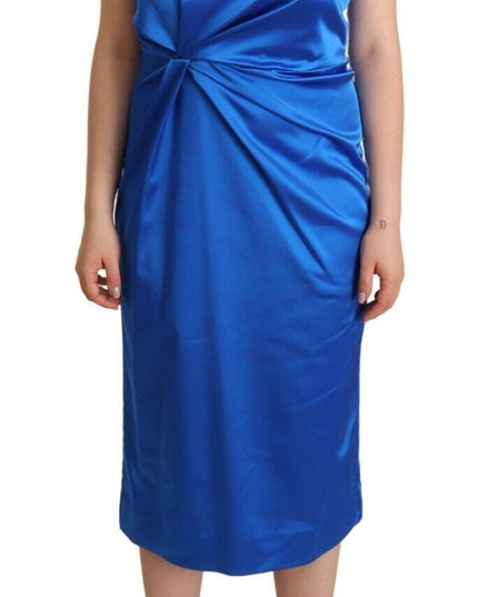 P.A.R.O.S.H. Blue Acetate Sleeveless Pleated Midi Sheath Dress