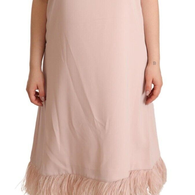 P.A.R.O.S.H. Pink Polyester Sleeveless Midi Feather Shift Dress
