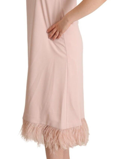 P.A.R.O.S.H. Pink Polyester Sleeveless Midi Feather Shift Dress