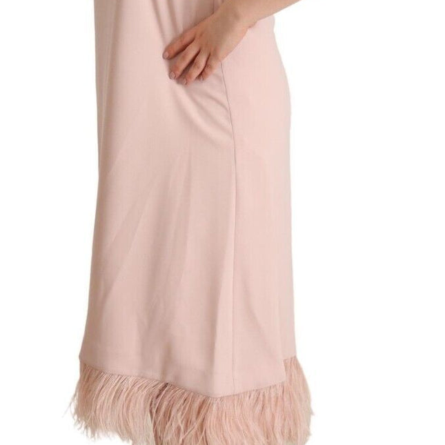 P.A.R.O.S.H. Pink Polyester Sleeveless Midi Feather Shift Dress