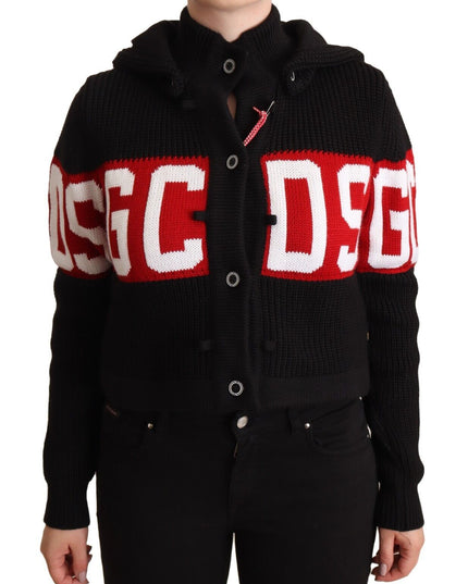 GCDS Black Cashmere Hooded Button Down Logo Cardigan Jacket