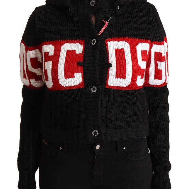 GCDS Black Cashmere Hooded Button Down Logo Cardigan Jacket