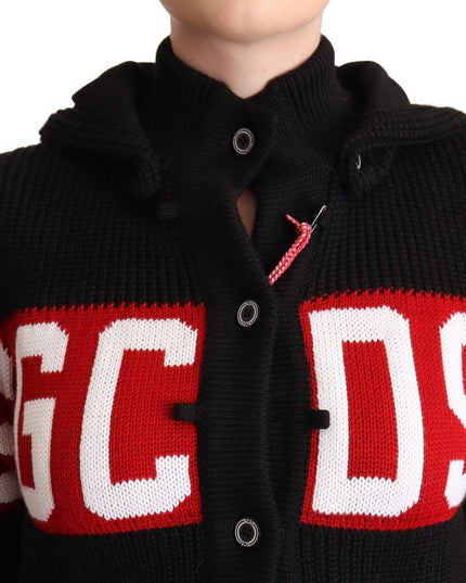 GCDS Black Cashmere Hooded Button Down Logo Cardigan Jacket