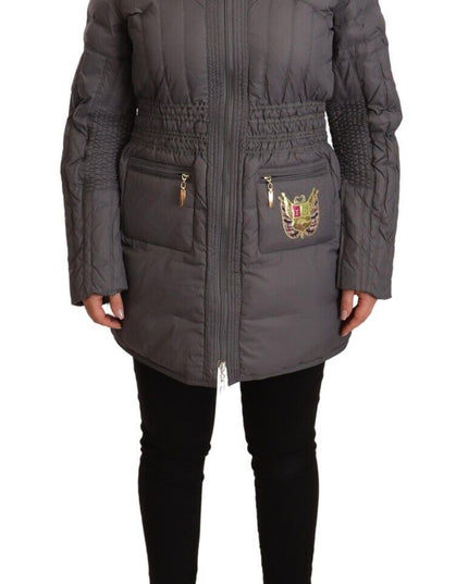 Roccobarocco Gray Quilted Long Sleeves Logo Patch Full Zip Jacket