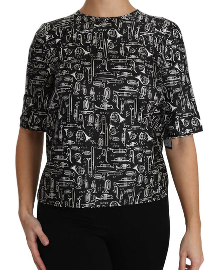 Dolce & Gabbana Black Musical Instruments Print Silk Blouse