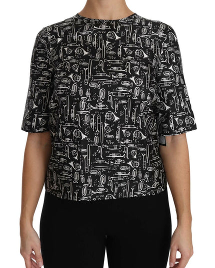 Dolce & Gabbana Black Musical Instruments Print Silk Blouse