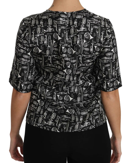 Dolce & Gabbana Black Musical Instruments Print Silk Blouse