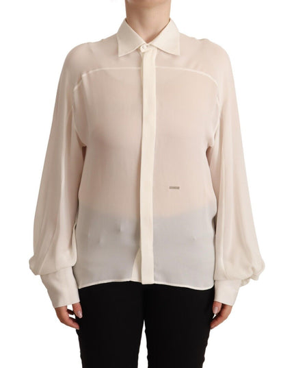Dsquared² Off White Silk Long Sleeves Collared Blouse Top