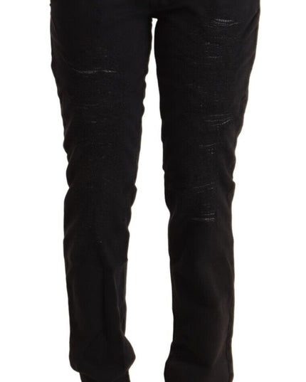 CYCLE Black Cotton Distressed Low Waist Slim Fit Denim Jeans