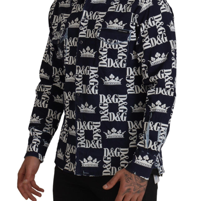 Dolce & Gabbana Blue Denim Stretch DG Crown Logo Casual Shirt